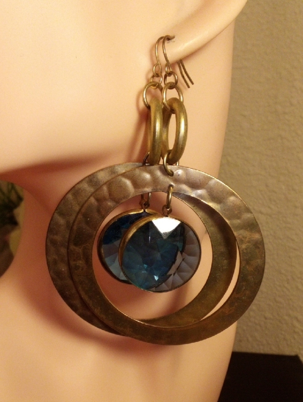 Hammered‎ Brass Tone Double Hoop Earrings with Blue Faceted Crystal Charms